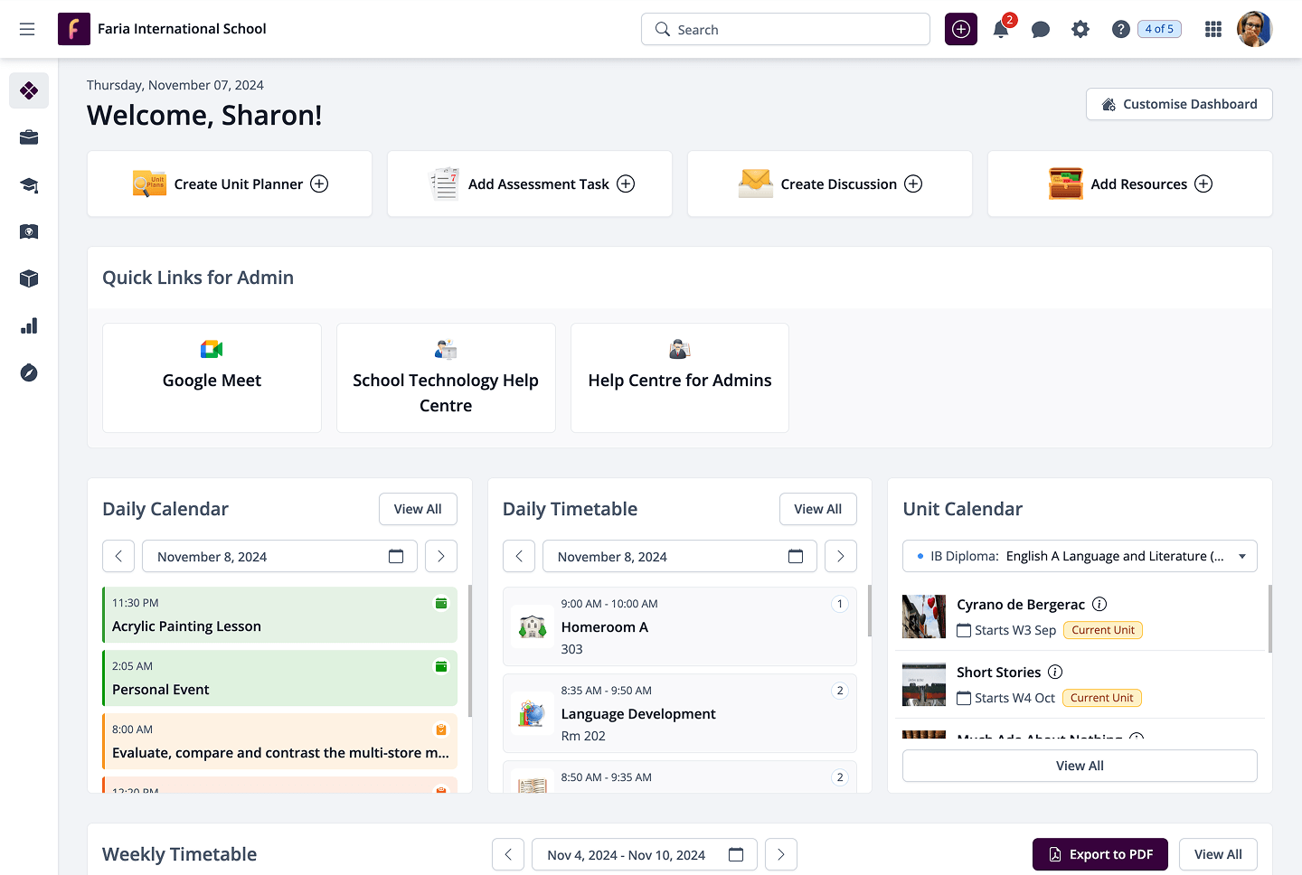 ManageBac+ dashboard