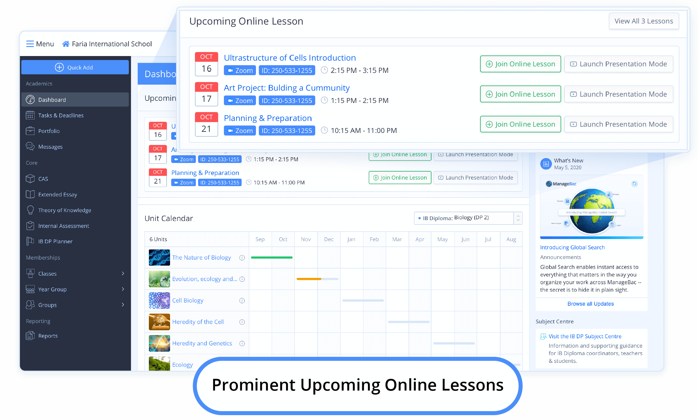 Upcoming Online Lessons are shown prominently at the top.