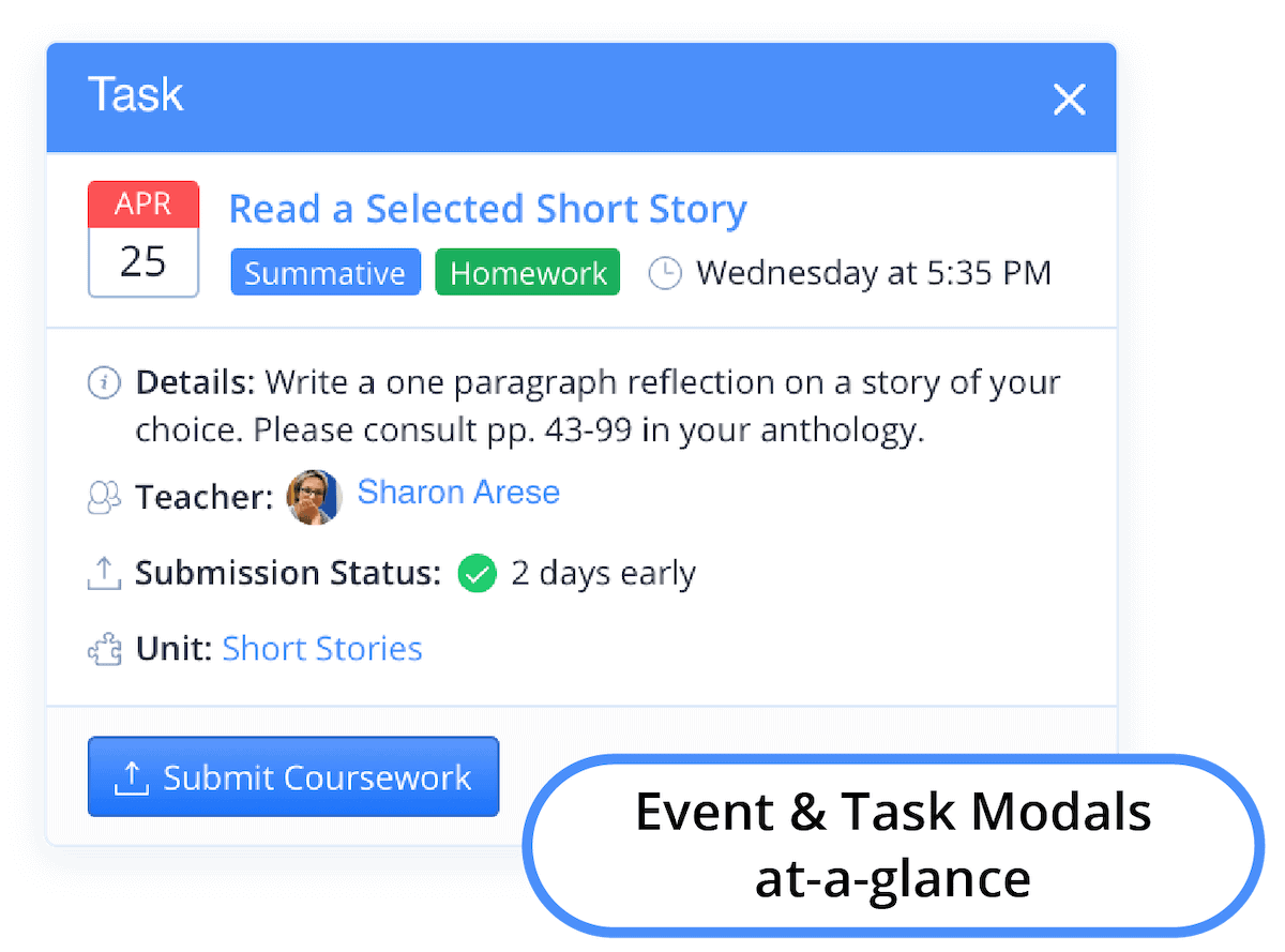 Event & Task Modals show details at-a-glance with coursework submission status.